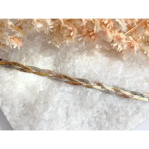 Italian HerringboneYellow Gold, Rose Gold & Silver 925 Vintage Bracelet - 7" - Picture 2 of 10